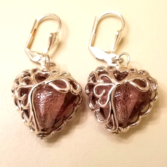 ✅Vecchia Murano Italian Hand-blown heart-shaped purple lilac glass beads earring - Picture 3 of 15